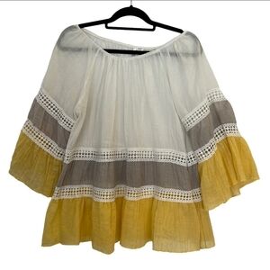 Kaktus Peasant Top Women's Medium Ladder Lace Sheer Bell Sleeve Color Block